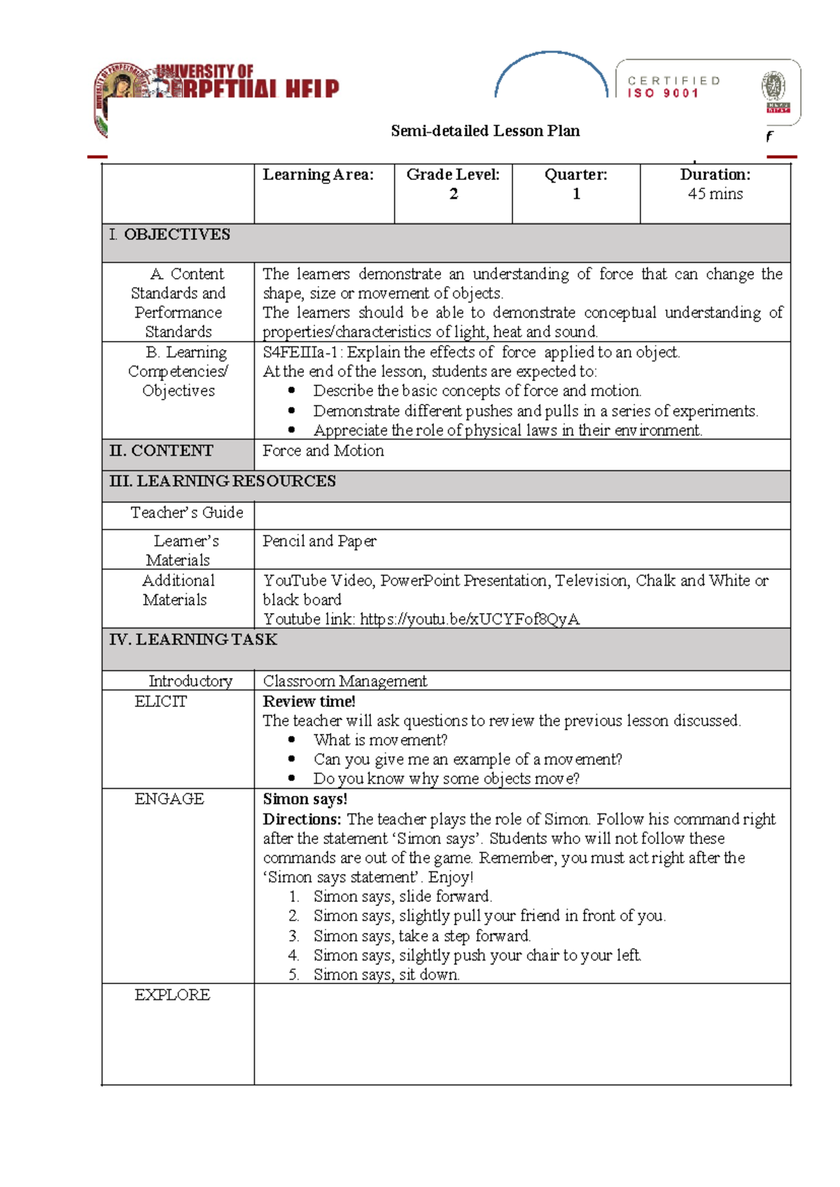 Semi Lesson Plan Teaching Science - College Prefect of Discipline ...