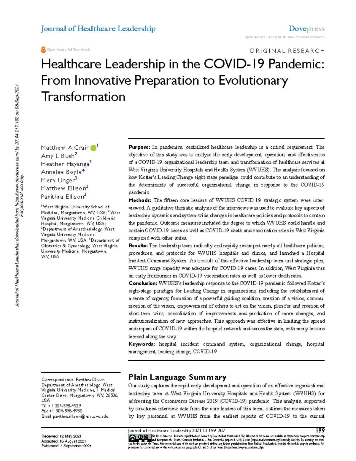 Healthcare Leadership in the Covid19 Pandemic Fro O R I G I N A L R