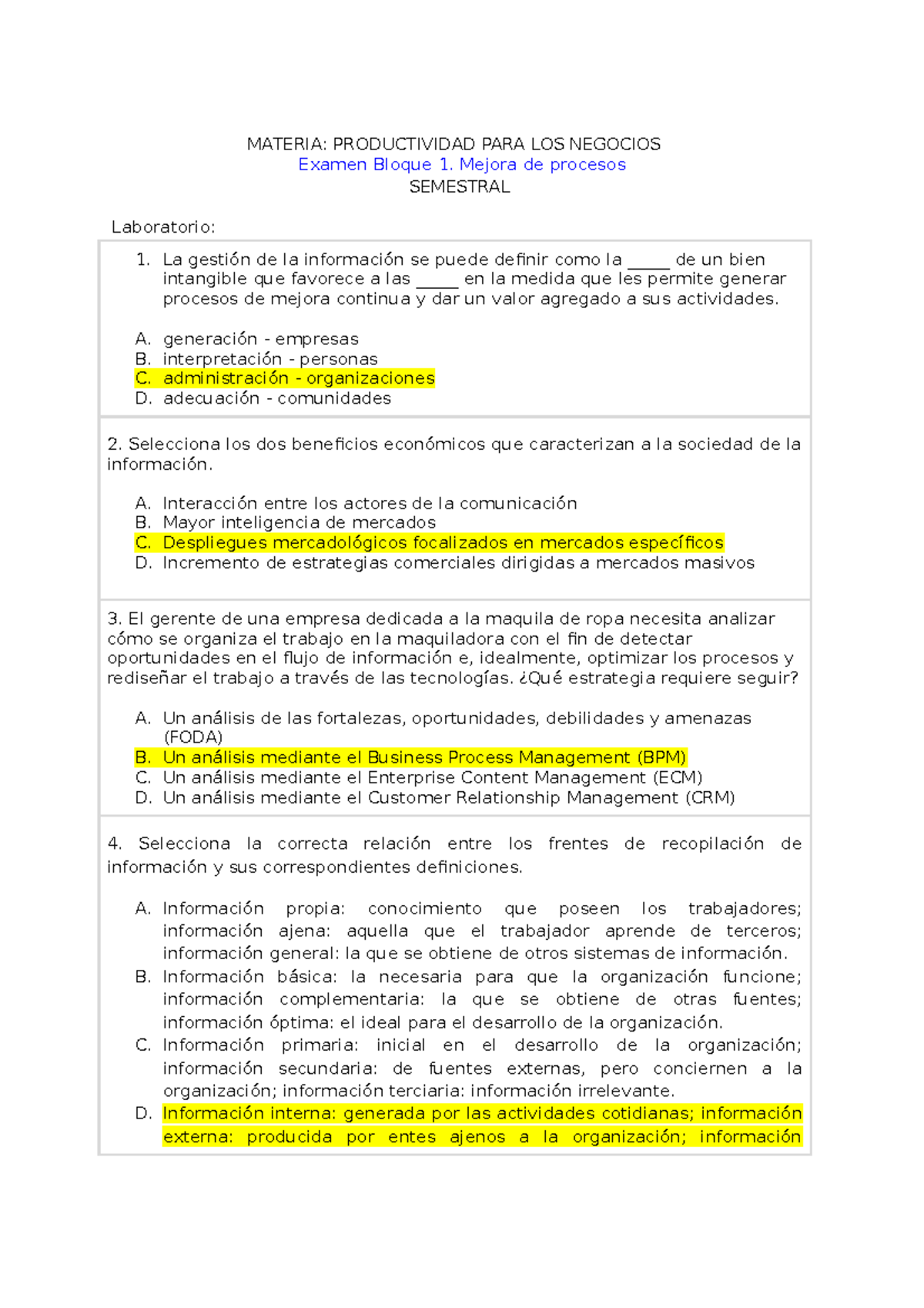 Laboratorio Bloque 1. Productividad - MATERIA: PRODUCTIVIDAD PARA LOS  NEGOCIOS Examen Bloque 1. - Studocu