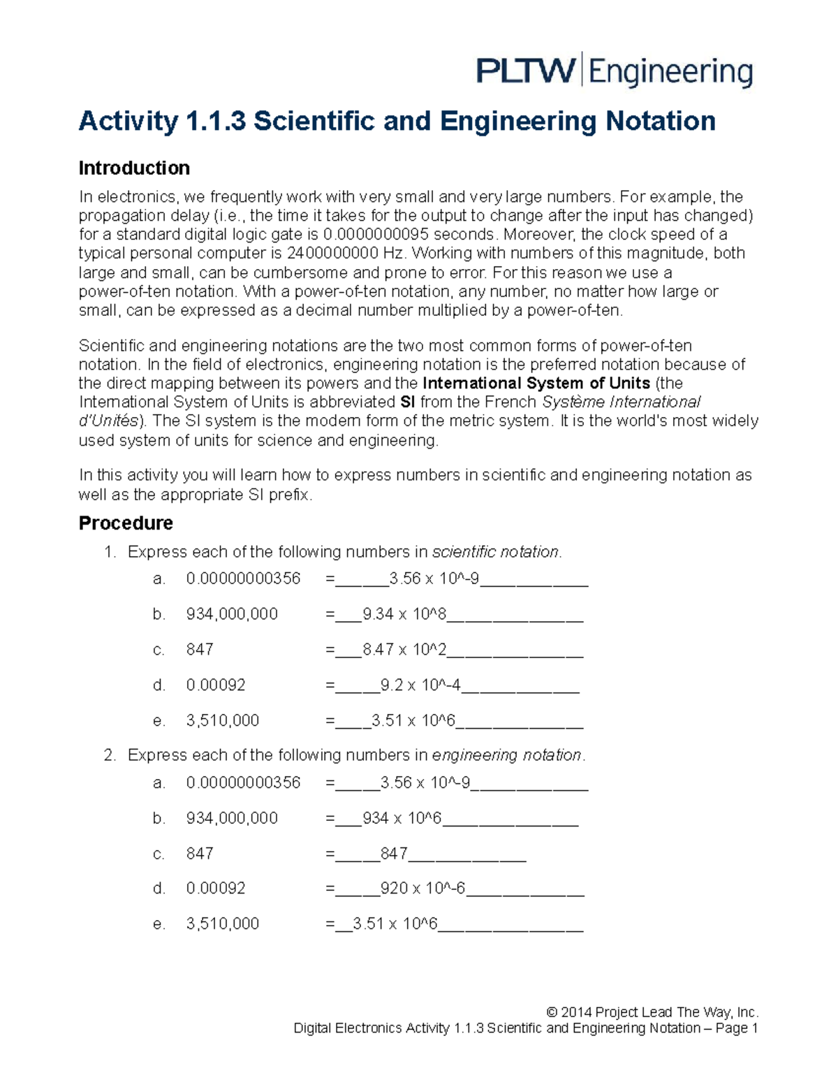 1.1.3.A Scientific Engineering Notation1 Activity 1.1 Scientific and