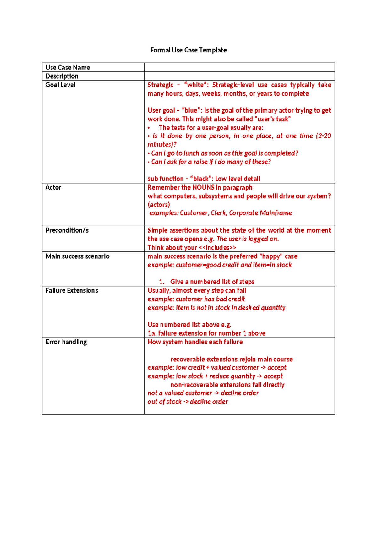 Formal Use Case Template - This might also be called “user's task” The ...