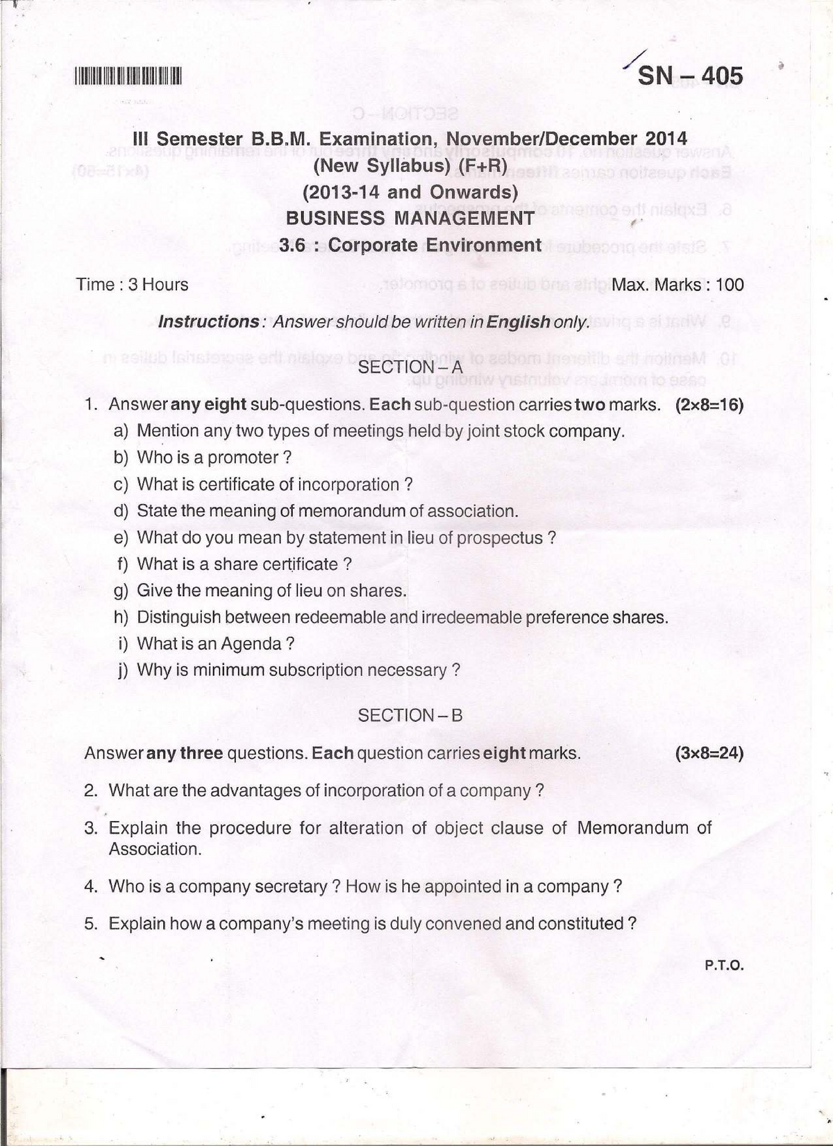 Exam November 2014, Questions - 405 Ill Semester B.B. Examination ...