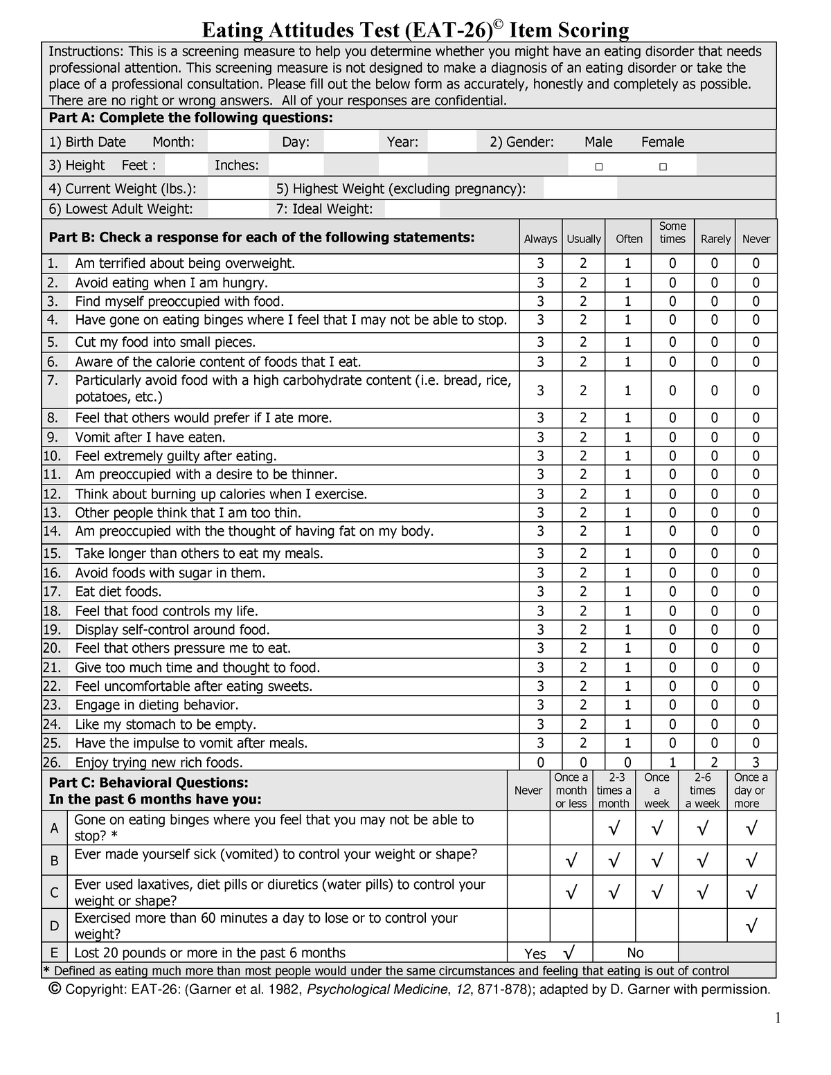 EAT 26Test Scoring Key 11 1 17 - 1 Eating Attitudes Test (EAT-26 ...