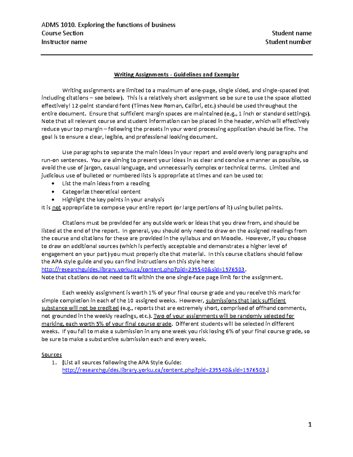 Writing Assignment Guidelines Section A - ADMS 1010. Exploring the ...