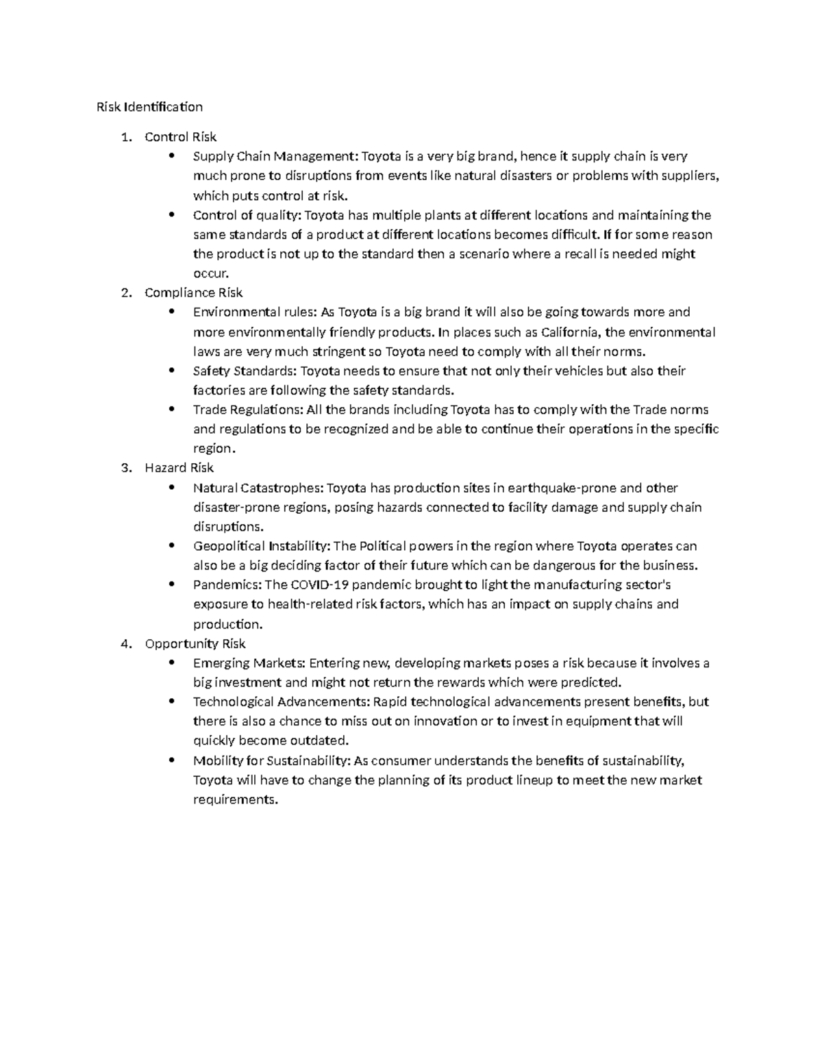 Risk Identification - Control Risk Supply Chain Management: Toyota is a ...