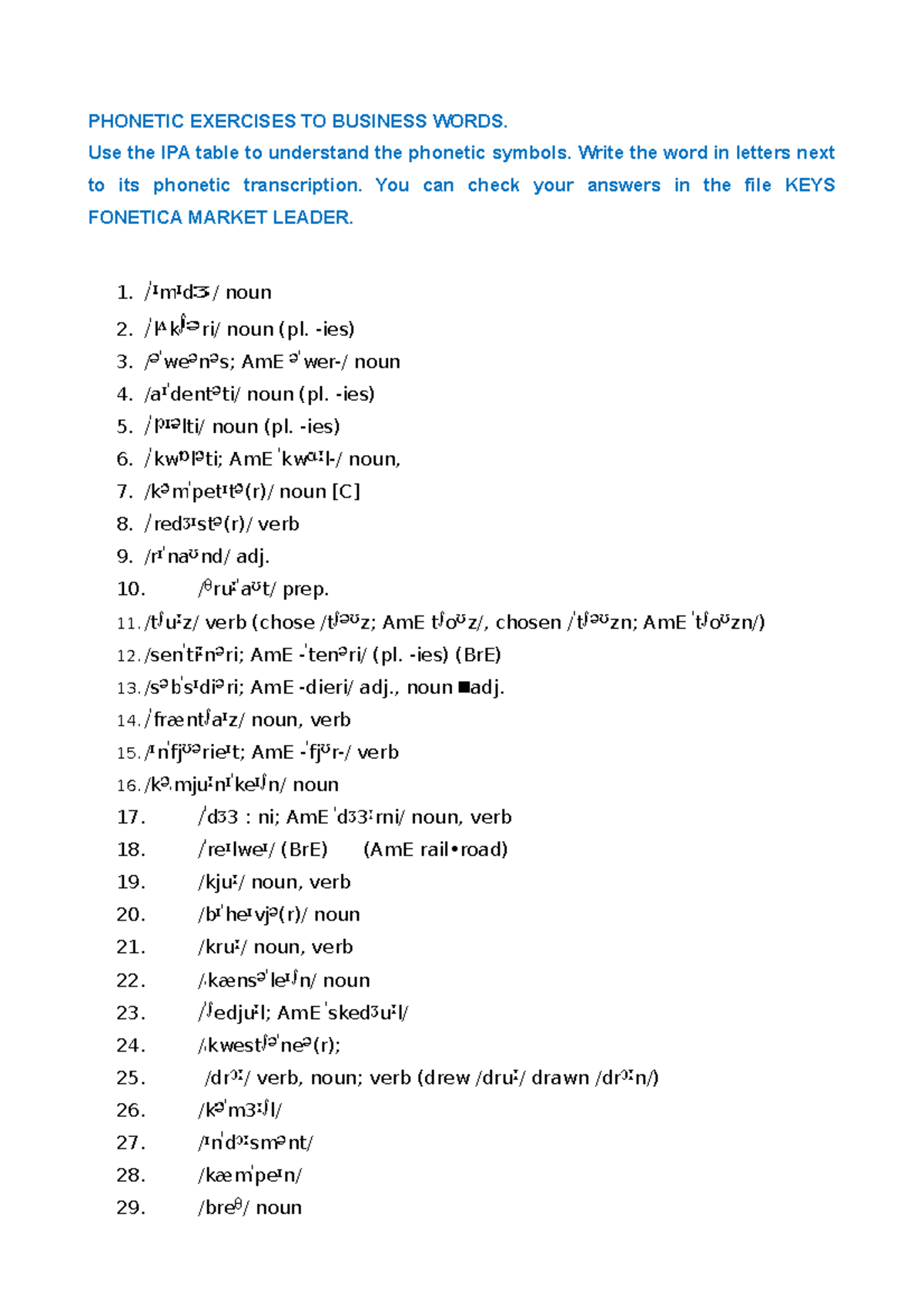 Fonetica- Marketleader-2 - PHONETIC EXERCISES TO BUSINESS WORDS. Use the IPA  table to understand the - Studocu