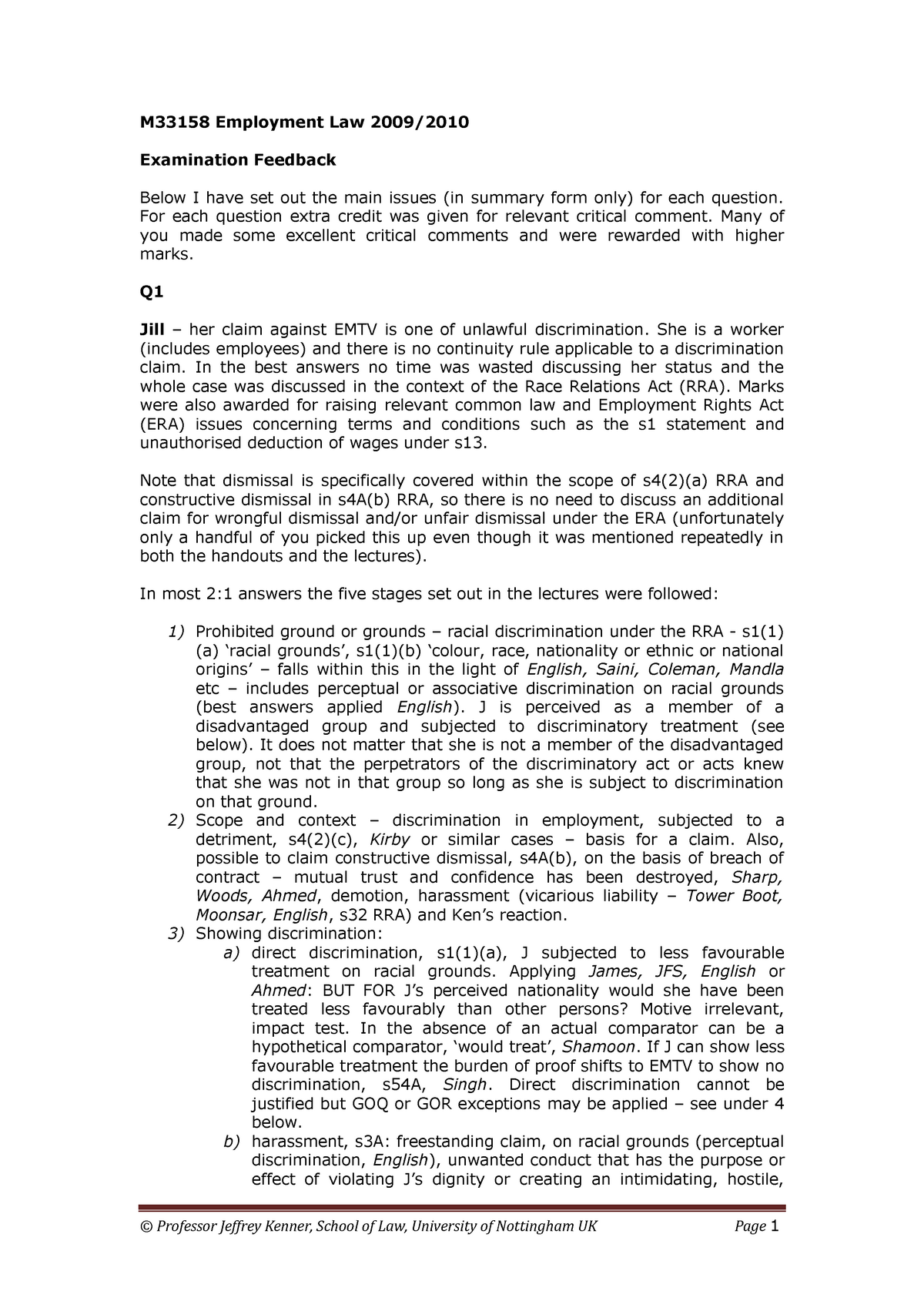 Exam September 2012, questions and answers - M33158 Employment Law 2009 Sns-Brigh10