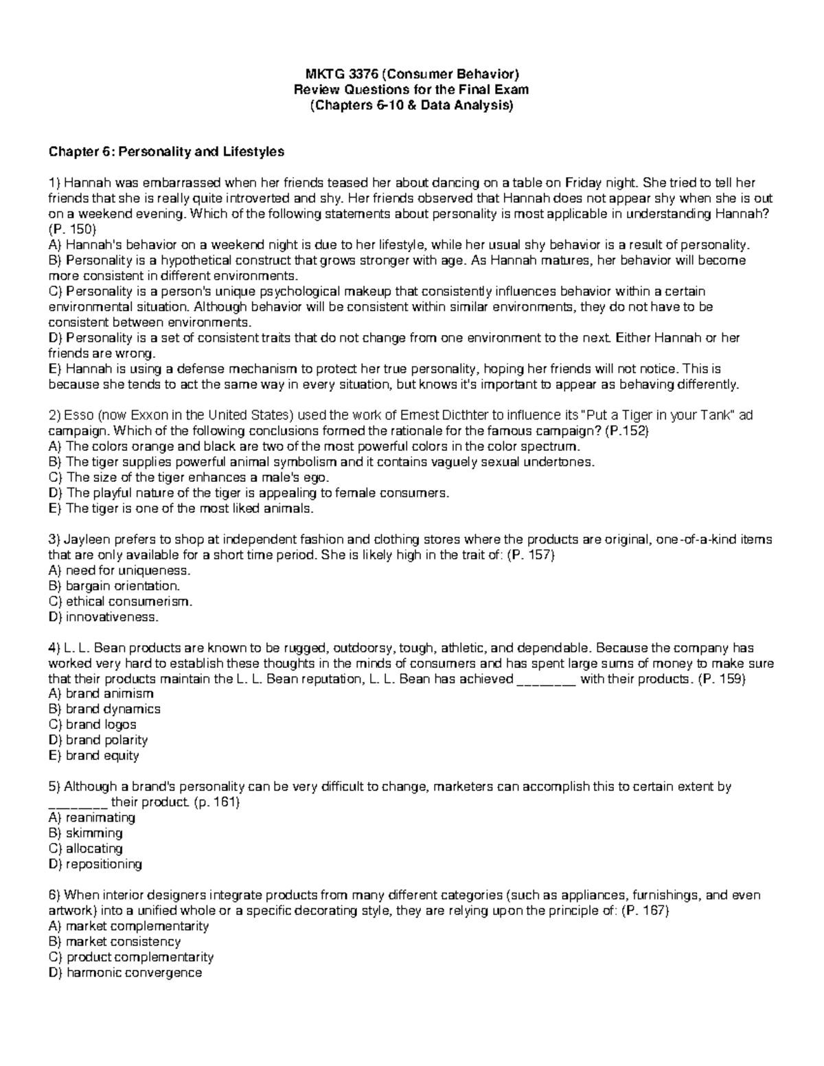 CB Final Review Questions , Consumer Behavior MKTG 3376