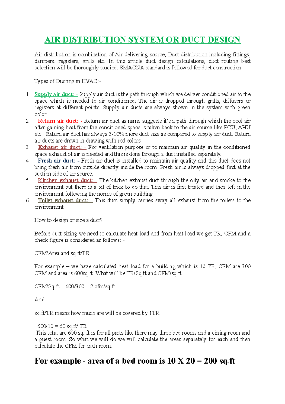 Duct design AIR DISTRIBUTION SYSTEM OR DUCT DESIGN Air distribution