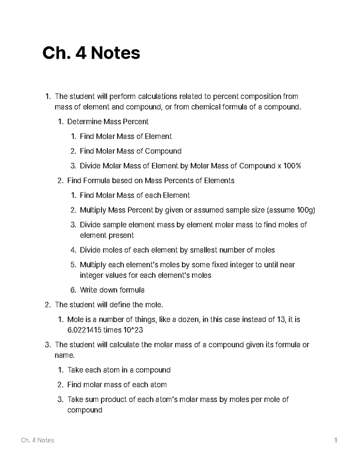 Chapter 4 Notes - Ch. 4 Notes 1 Ch. 4 Notes The Student Will Perform ...