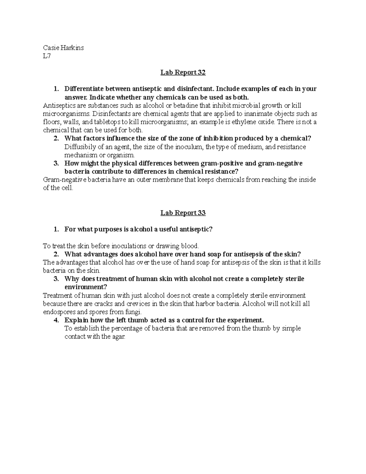 Micro lab lab 32,33 Short lab report antiseptic, alcohol Casie