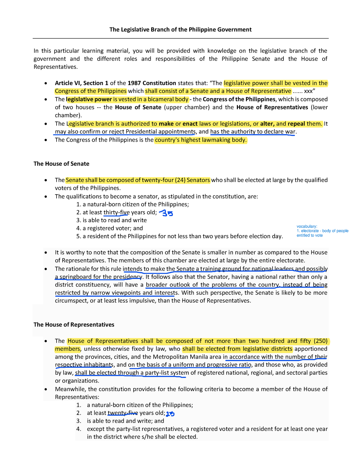 Lecture Notes (The Legislative Branch ) - Humanities And Social Sciences -  Studocu