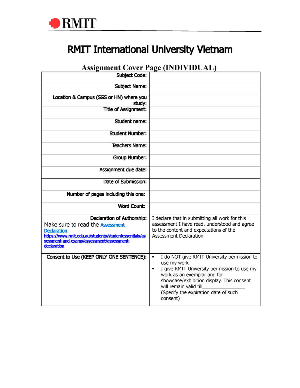 assignment cover sheet rmit