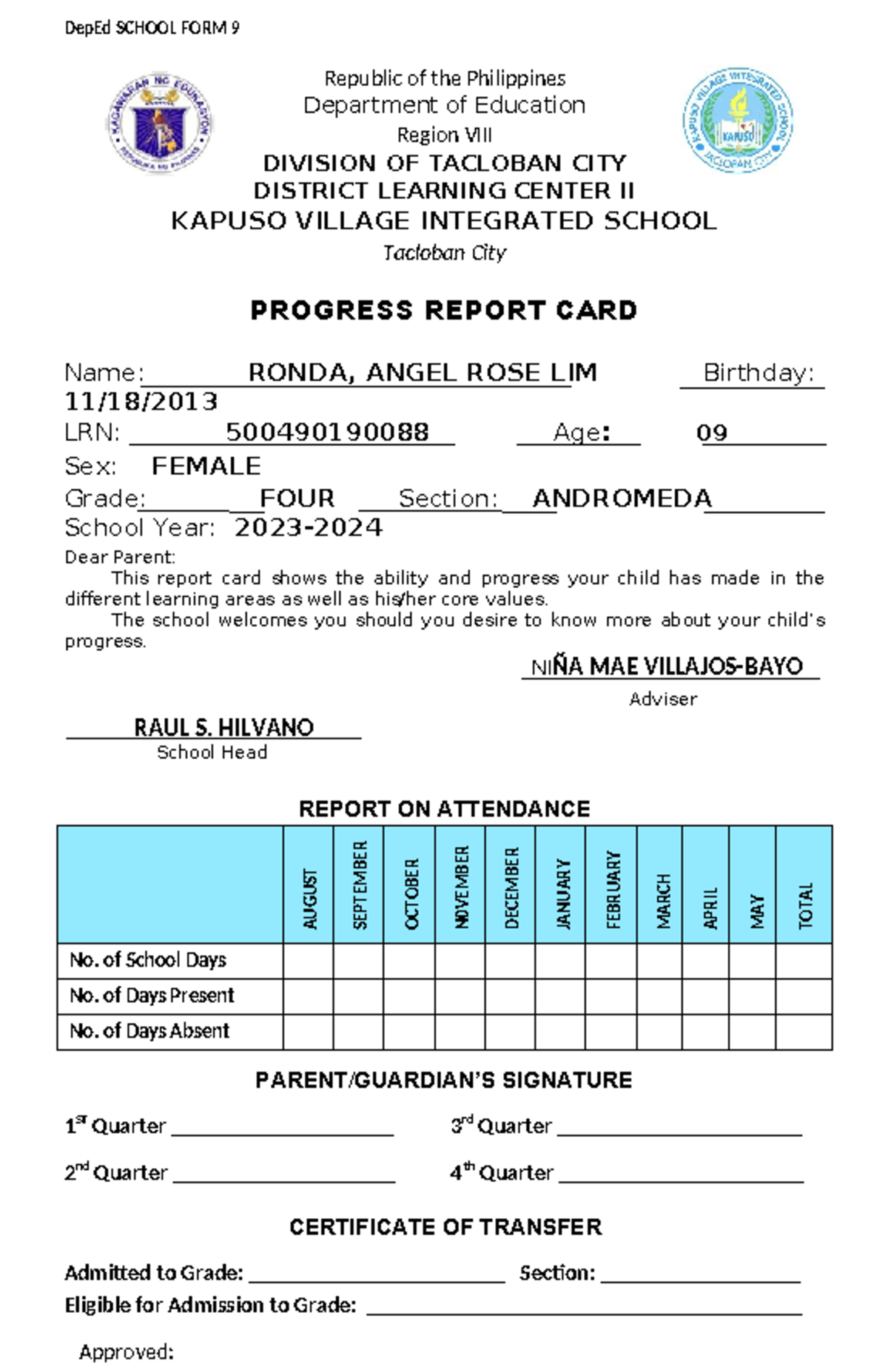 SCHOOL FORM 9 SAMPLE - DepEd SCHOOL FORM 9 Republic of the Philippines ...