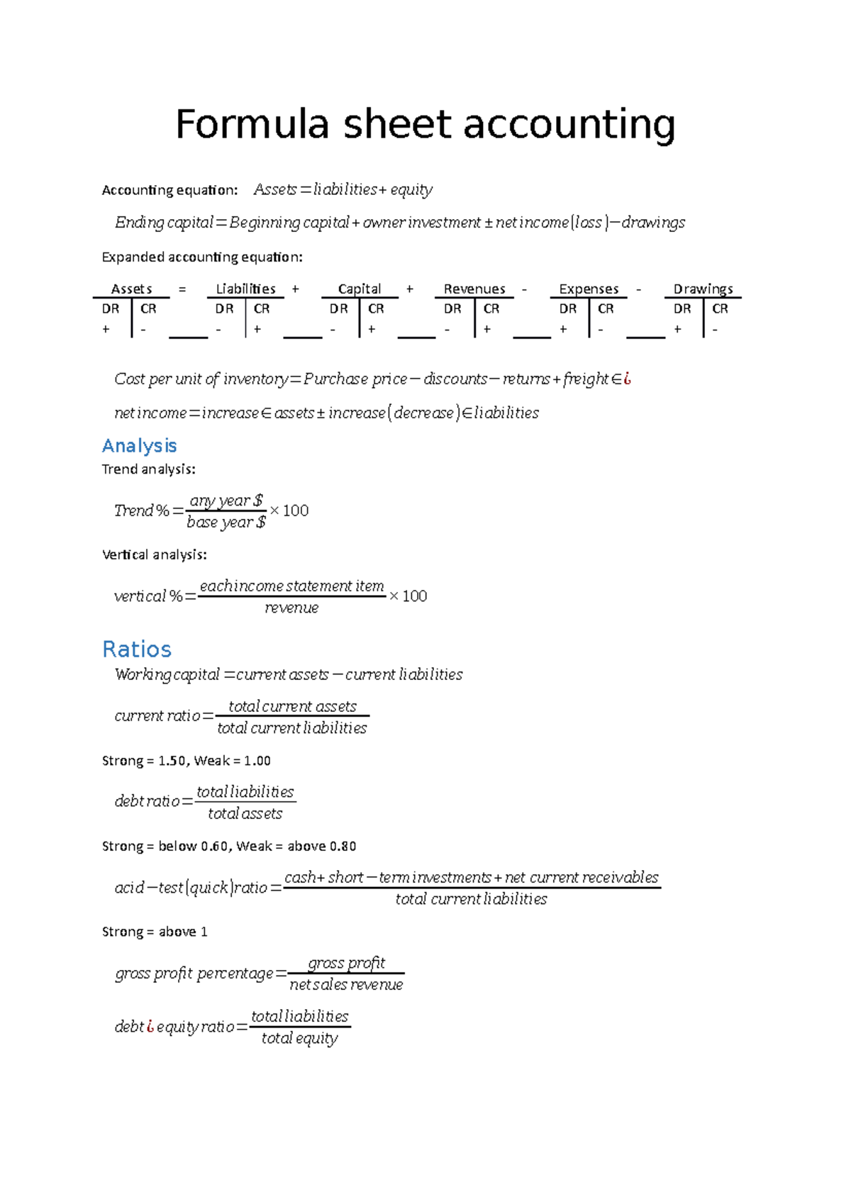 Formula sheet accounting Formula sheet accounting Accounting equation