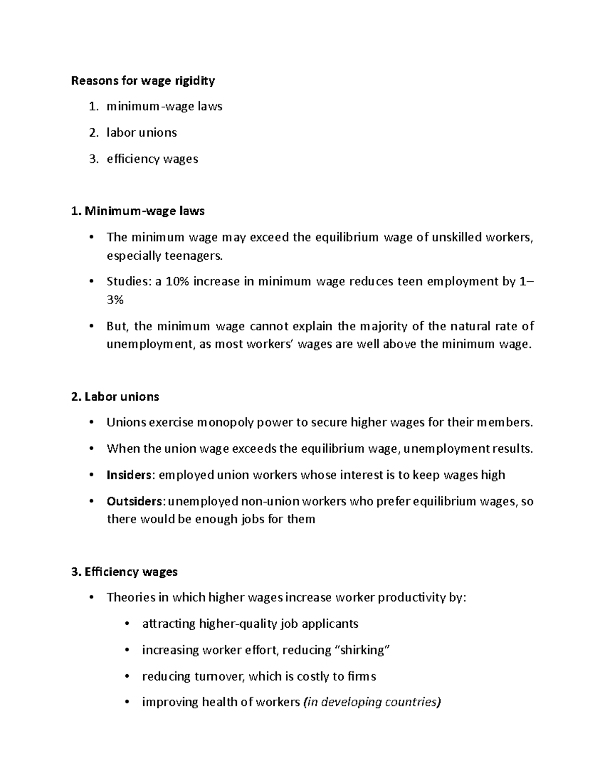 Reasons for wage rigidity - minimum-wage laws 2. labor unions 3 ...