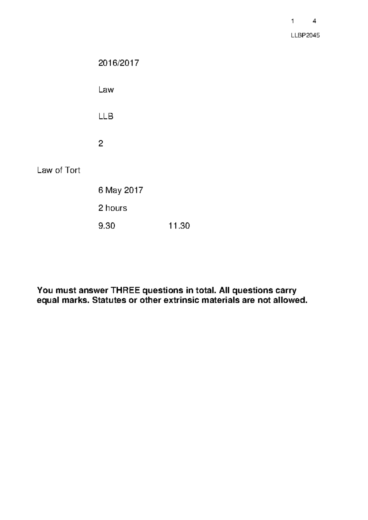 LLBP2045 2017 Exam - LLBP 201 6/ Law LLB 2 Law of Tort 6 May 2017 2 ...