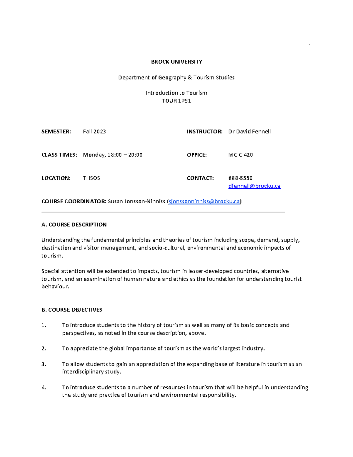 Outline.TOUR Syllabus BROCK UNIVERSITY Department of Geography