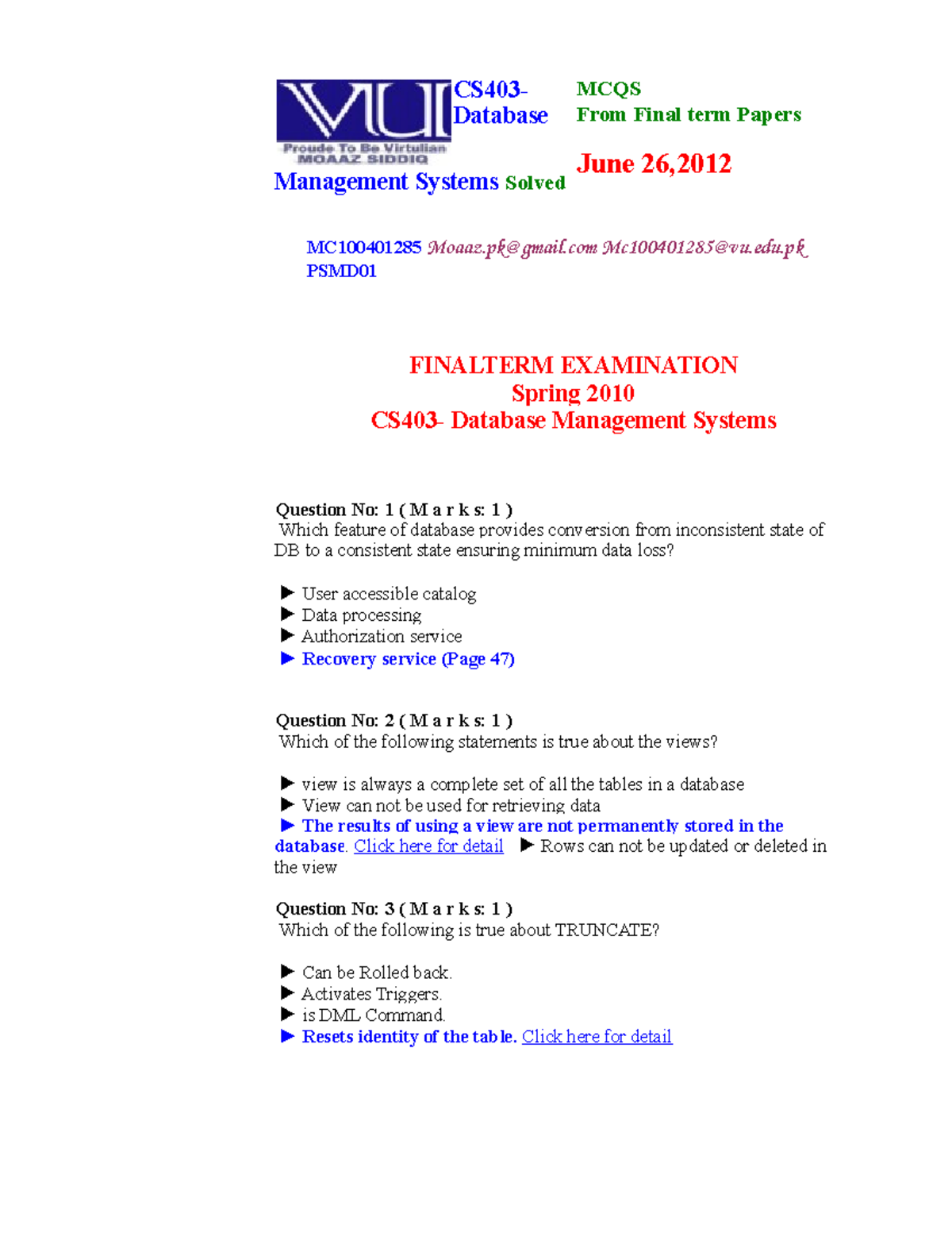 CS403- Finalterm Solved MCQS WITH References BY Moaaz - CS403- Database ...