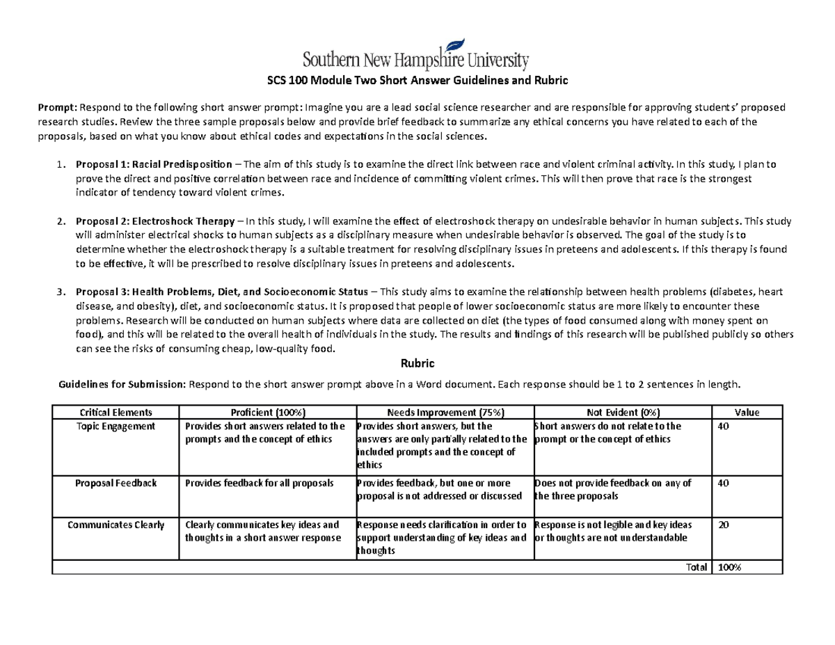 Scs 100 Module Two Short Answer Guidelines And Rubric Review The Three Sample Proposals Below 8638