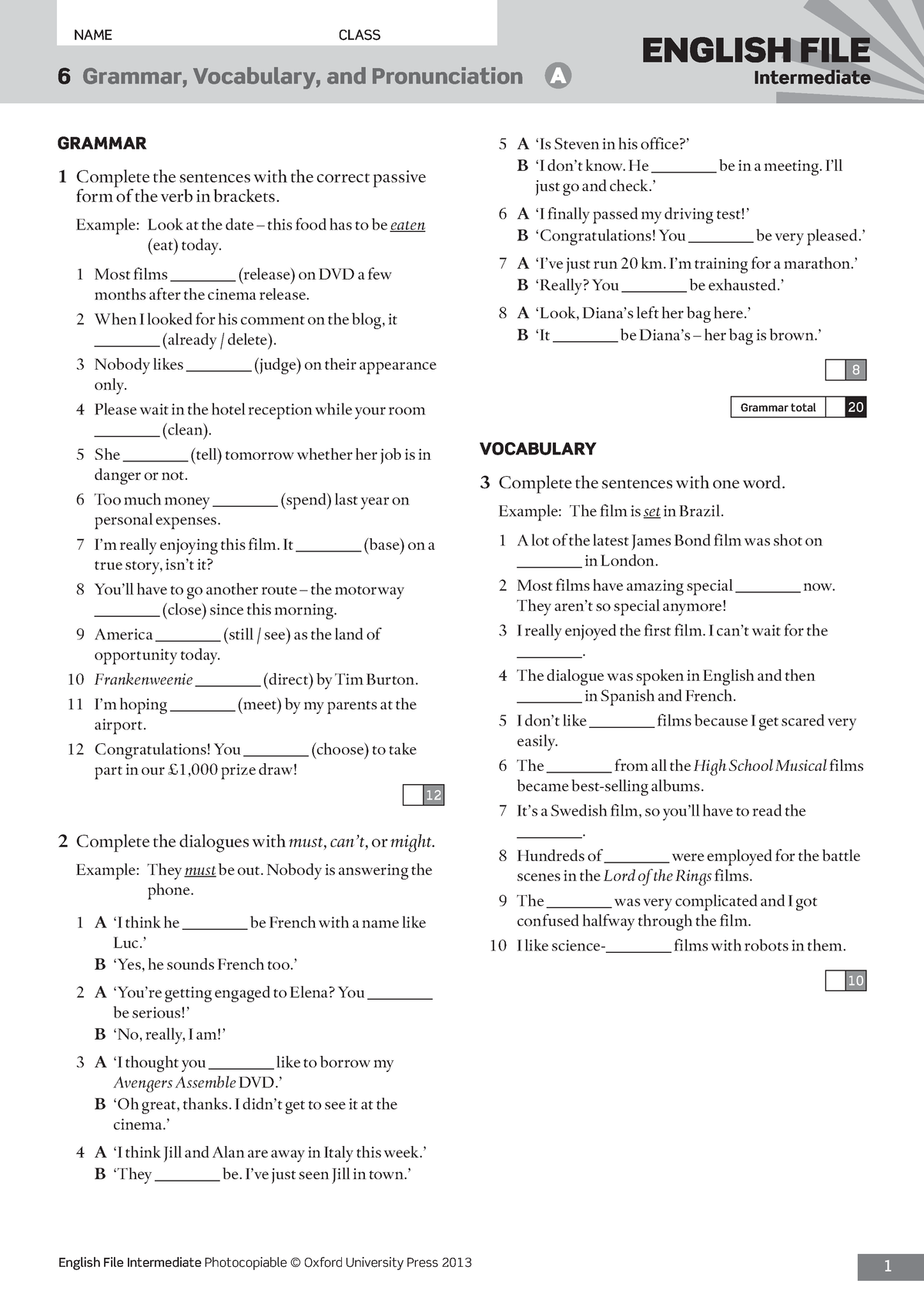 English File Intermediate Test 6 6 Grammar Vocabulary And 