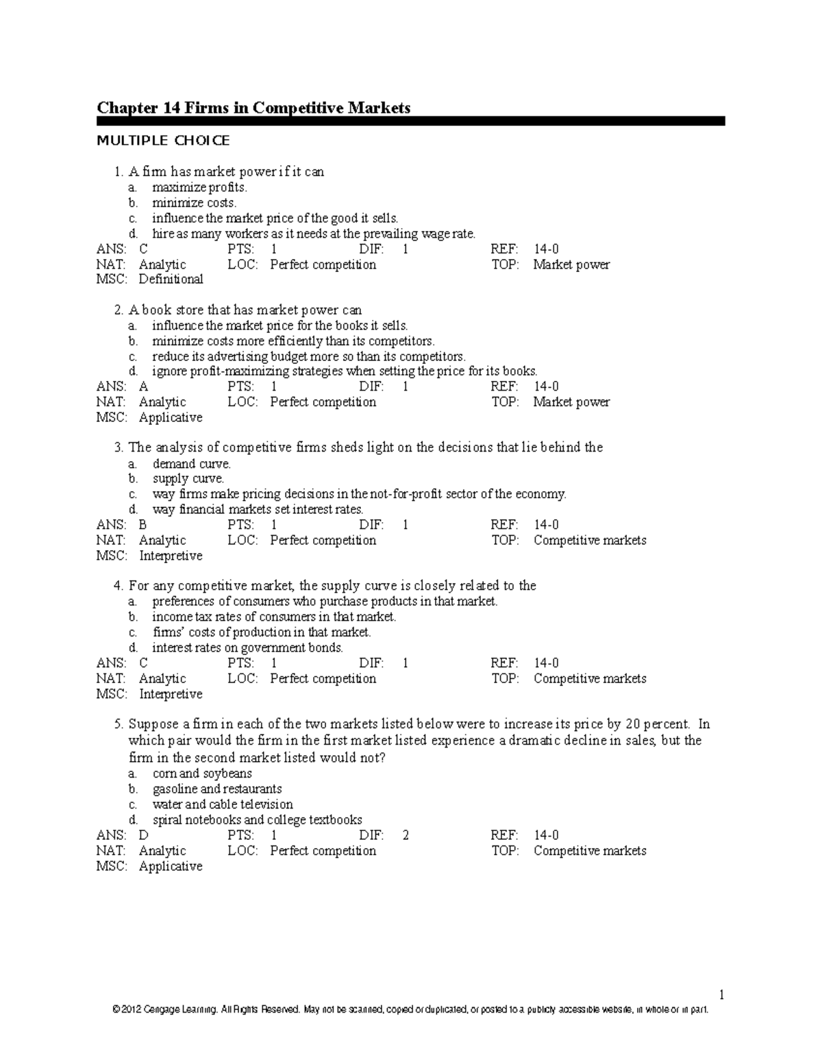 Chapter+14+Micro+Test+Bank final - Chapter 14 Firms in Competitive ...