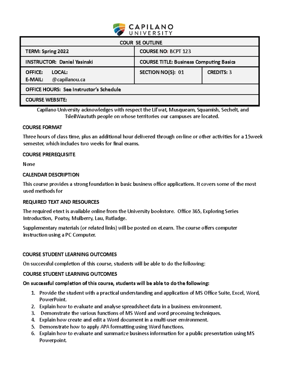 BCPT 123-01 sylabus 2022 - COUR SE OUTLINE TERM: Spring 2022 COURSE NO ...
