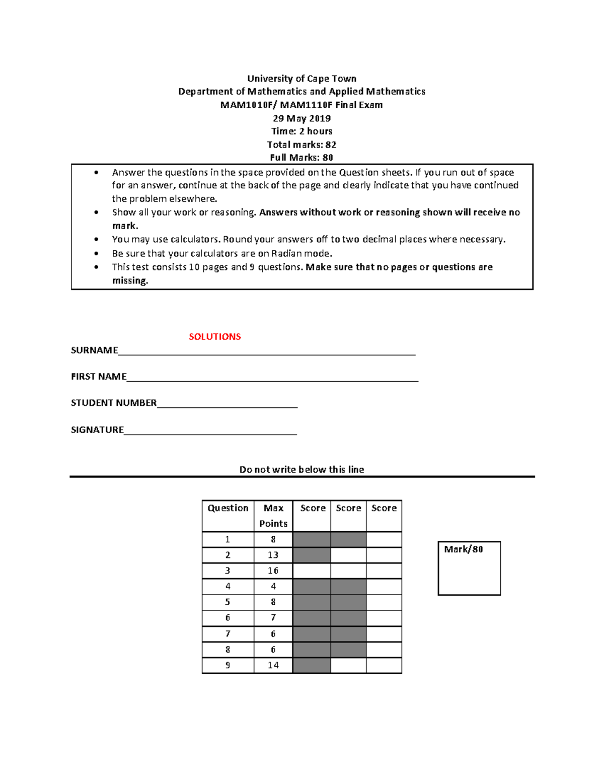 MAM1110F June Exam 2019- Solutions - Copy - MAM1010F - UCT - Studocu