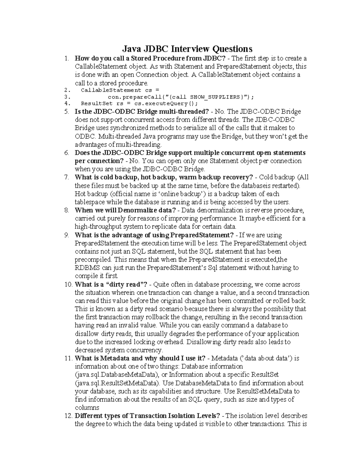 Java JDBC Interview Questions - How do you call a Stored Procedure from ...