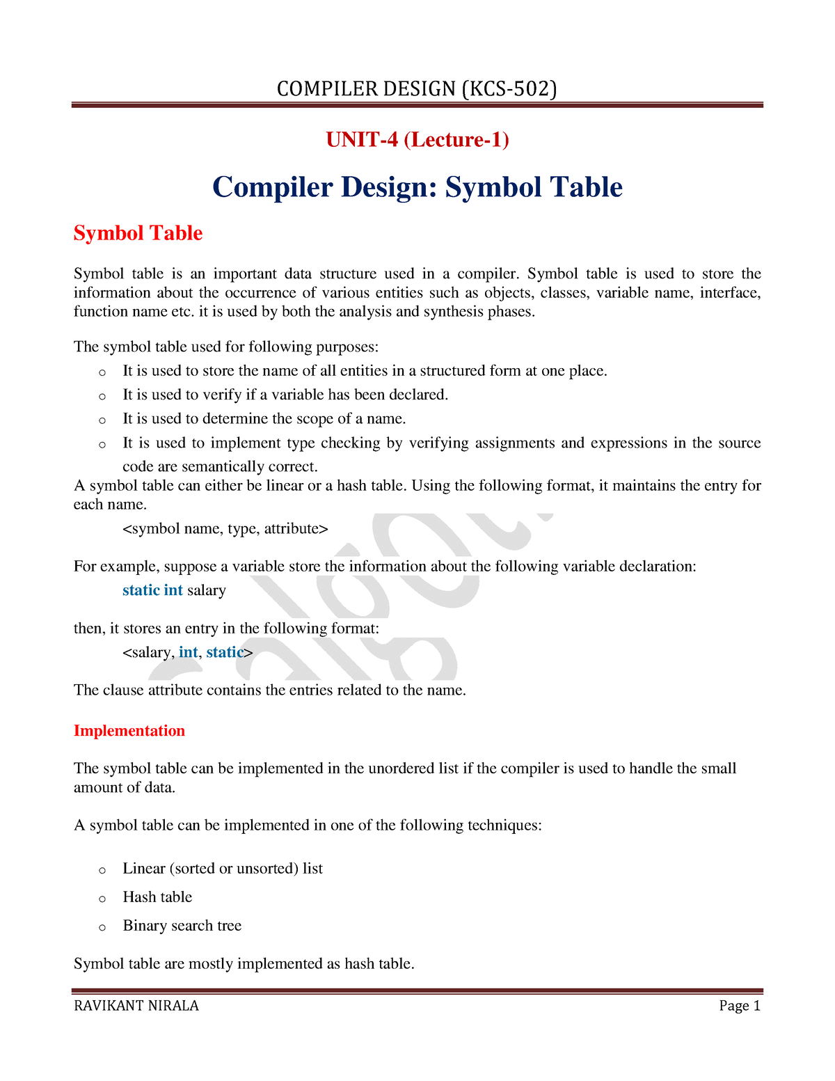 Compiler Design - UNIT-4 (Lecture-1) Compiler Design: Symbol Table ...