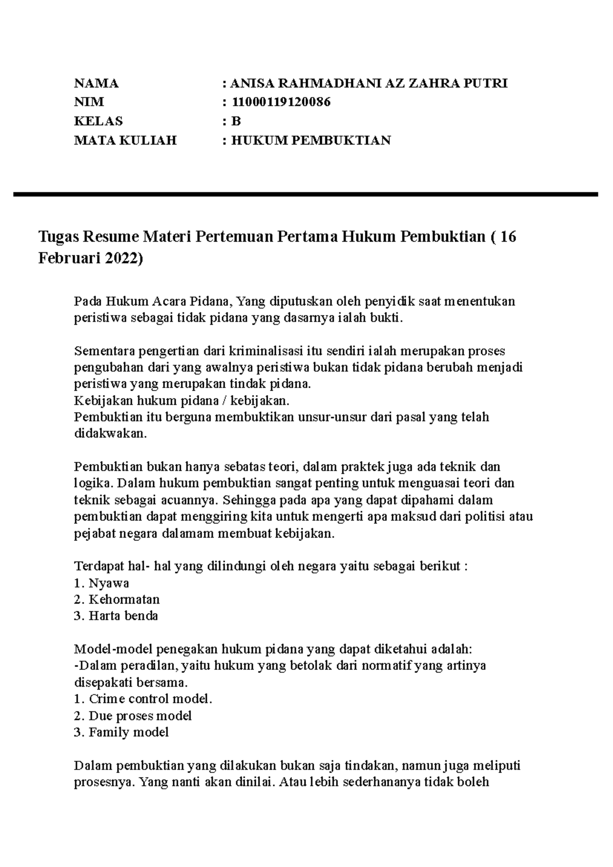 6 Tugas Resume Pertemuan Pertama Hukum Pembuktian B - NAMA : ANISA ...