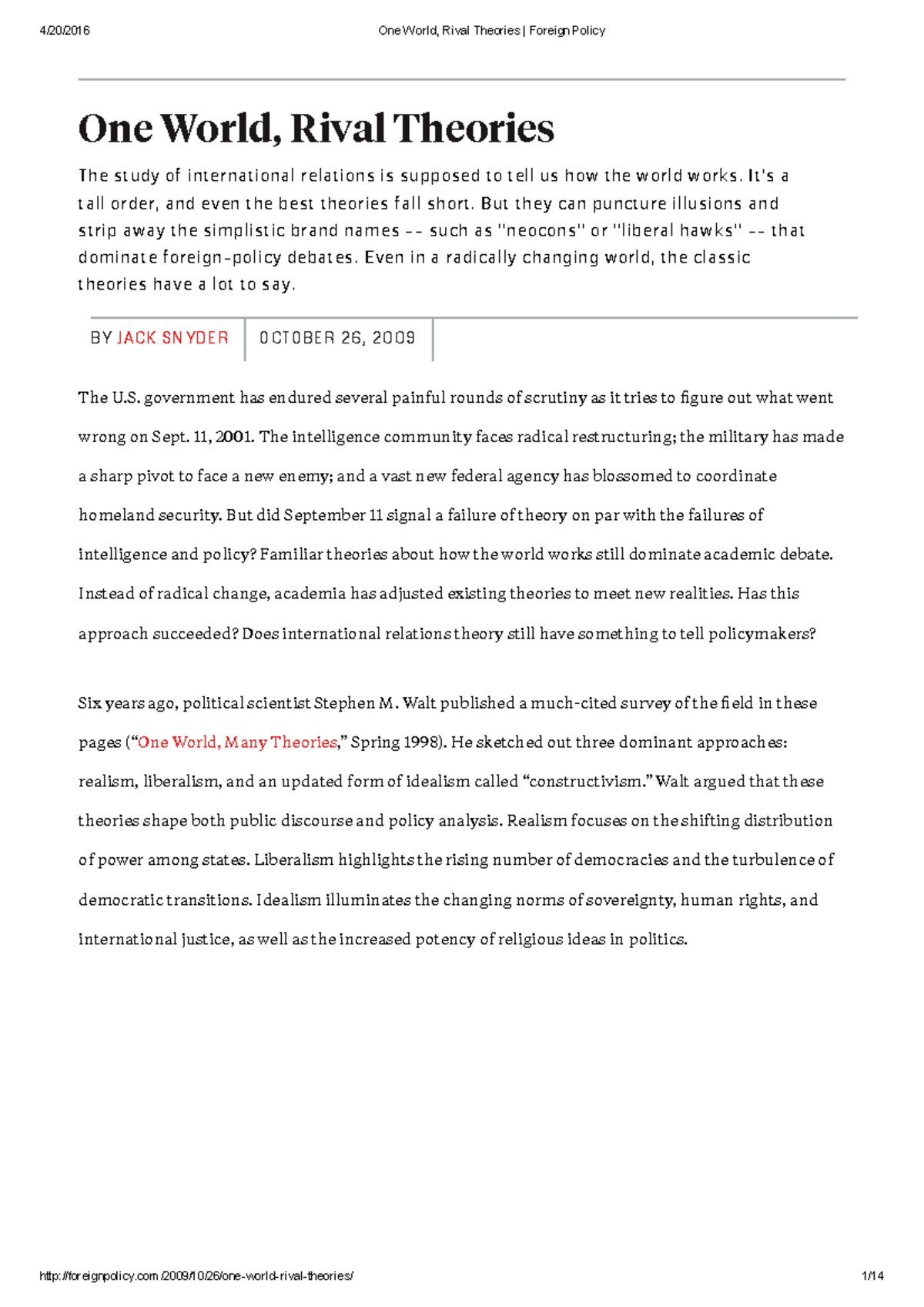 One World, Rival Theories Foreign Policy One World, Rival Theories