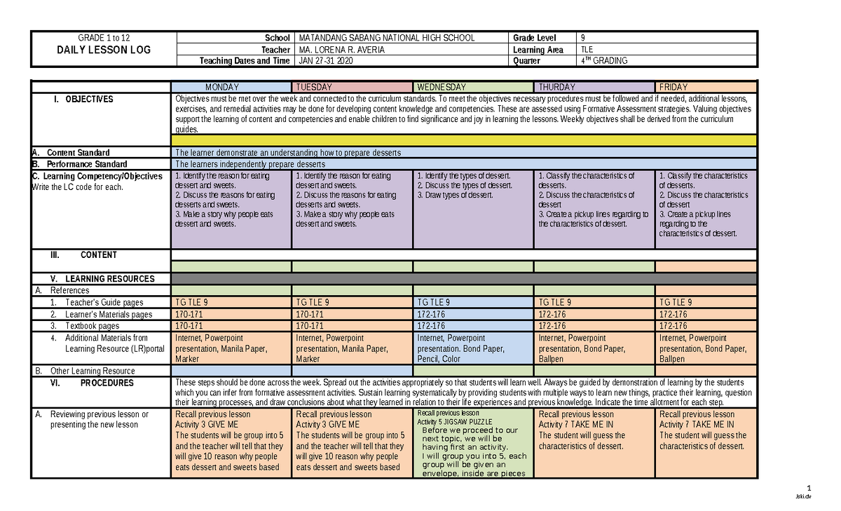 TLE 9 Cookery Notes - GRADE 1 to 12 DAILY LESSON LOG School MATANDANG ...