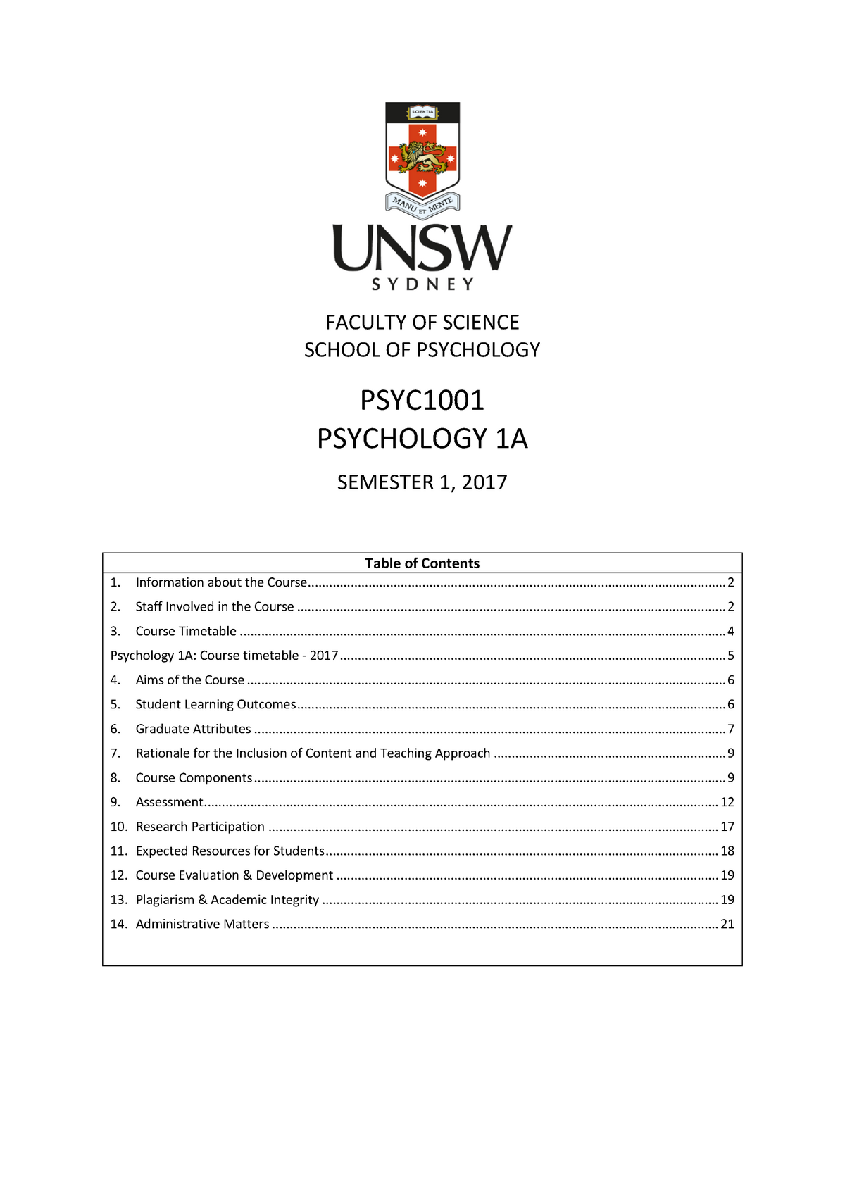 PSYC1001 Course Outline - FACULTY OF SCIENCE SCHOOL OF PSYCHOLOGY ...