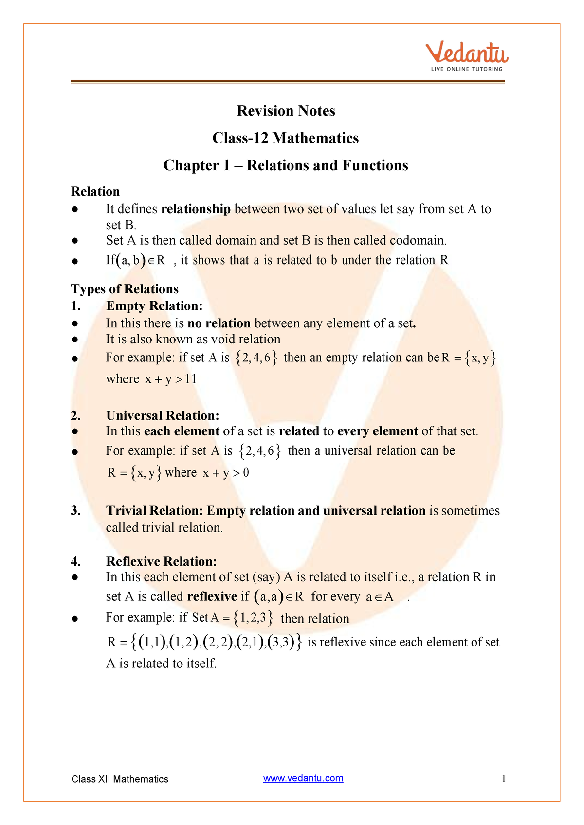 Relations And Functions Class 12 Notes CBSE Maths Chapter 1 [PDF ...