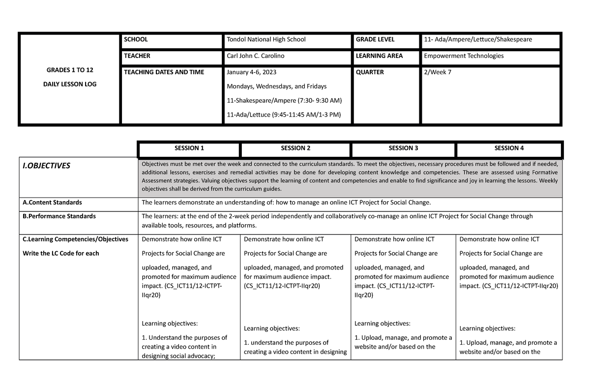 ET Q2 W7 - Lecture - GRADES 1 TO 12 DAILY LESSON LOG SCHOOL Tondol ...