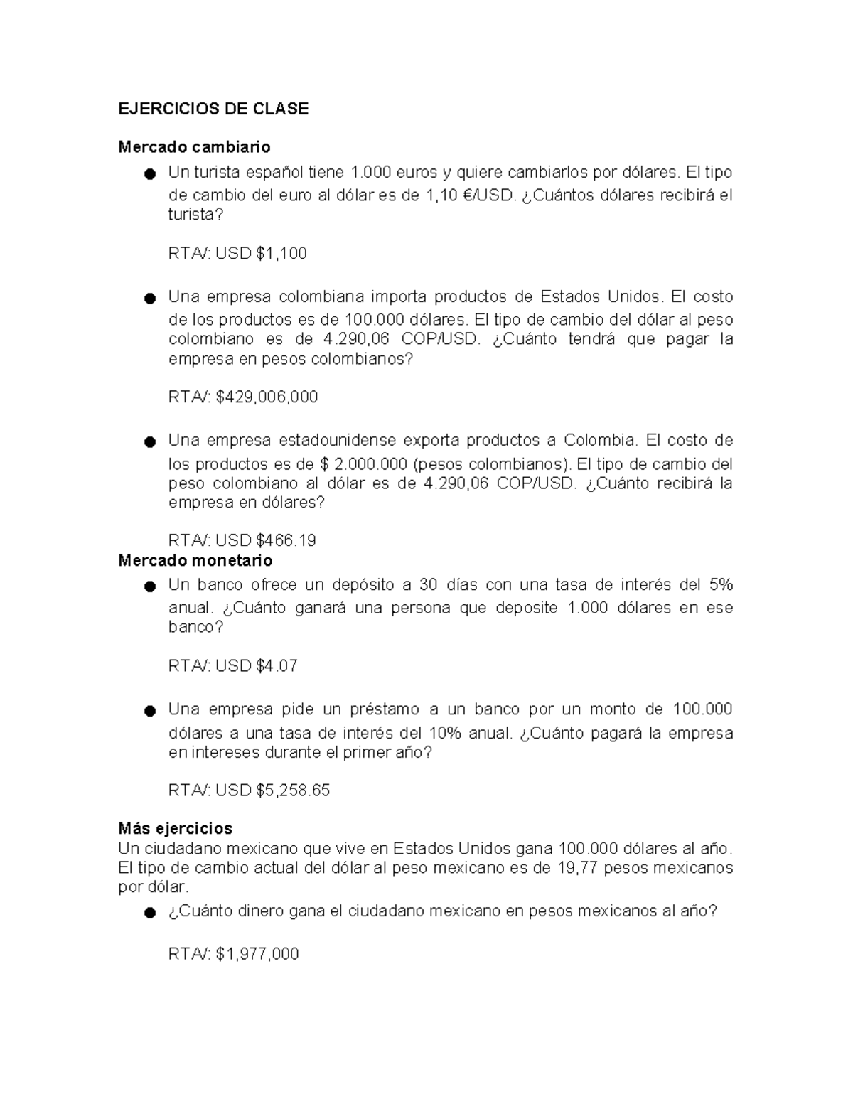 1. Ejercicios DE Clase - Temsd - EJERCICIOS DE CLASE Mercado cambiario ...