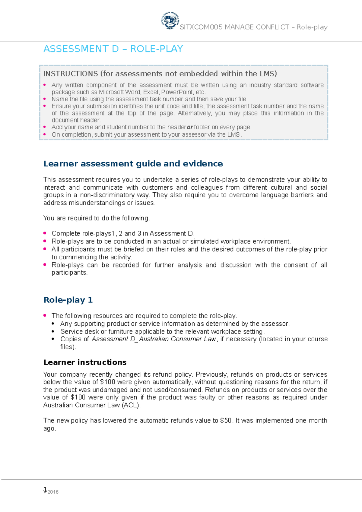 2 Sitxcom 005 Assessment D Role Play V1 0 1 - ASSESSMENT D – ROLE-PLAY ...