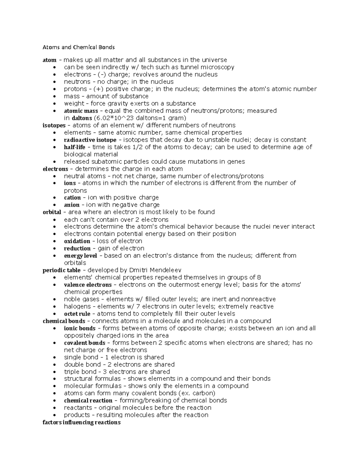 Bio C2 - Lecture notes 2 - Atoms and Chemical Bonds atom - makes up all ...
