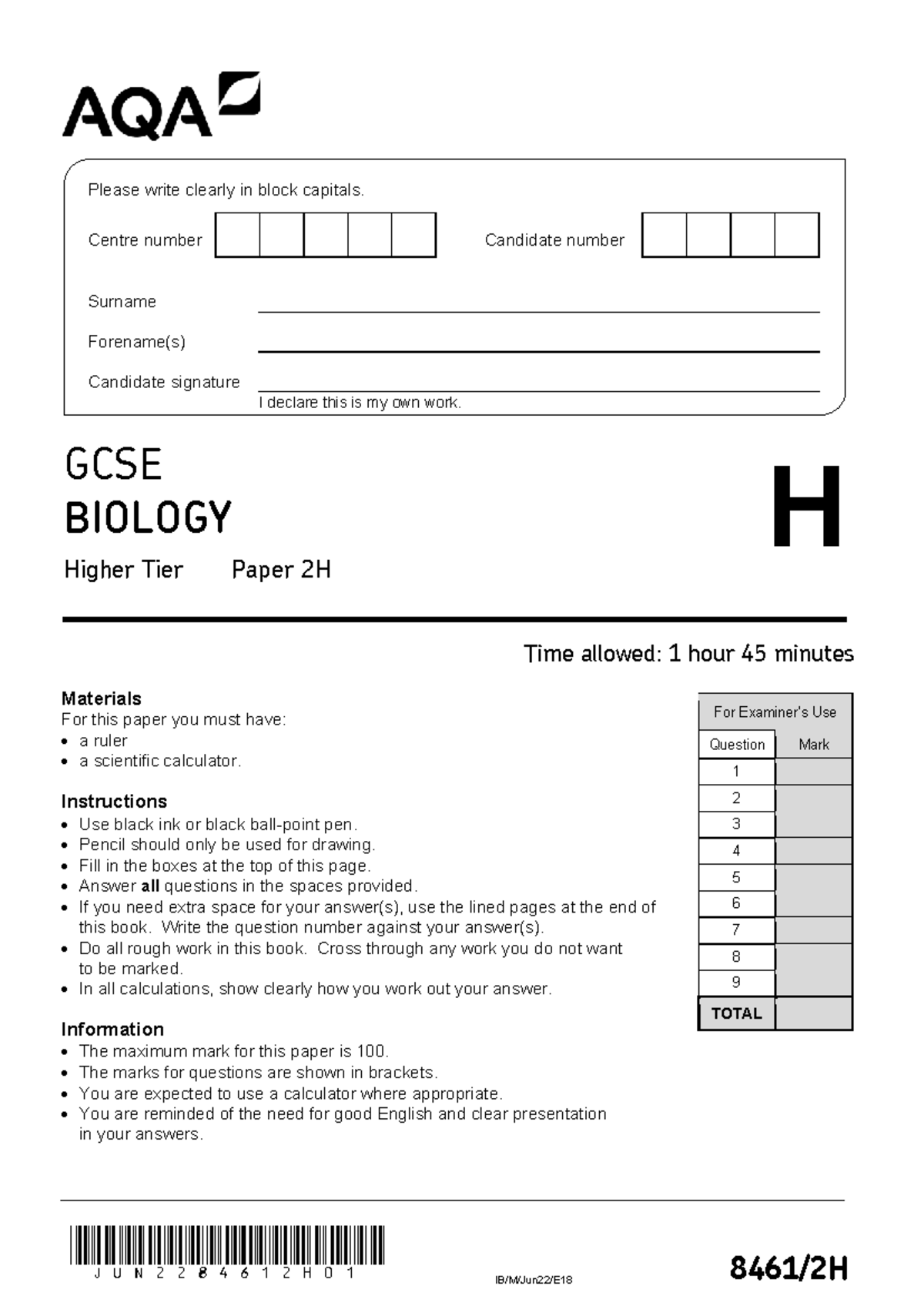 AQA GCSE Biology Higher Paper 2 June 2022 - JUN2284612H01 IB/M/Jun22 ...