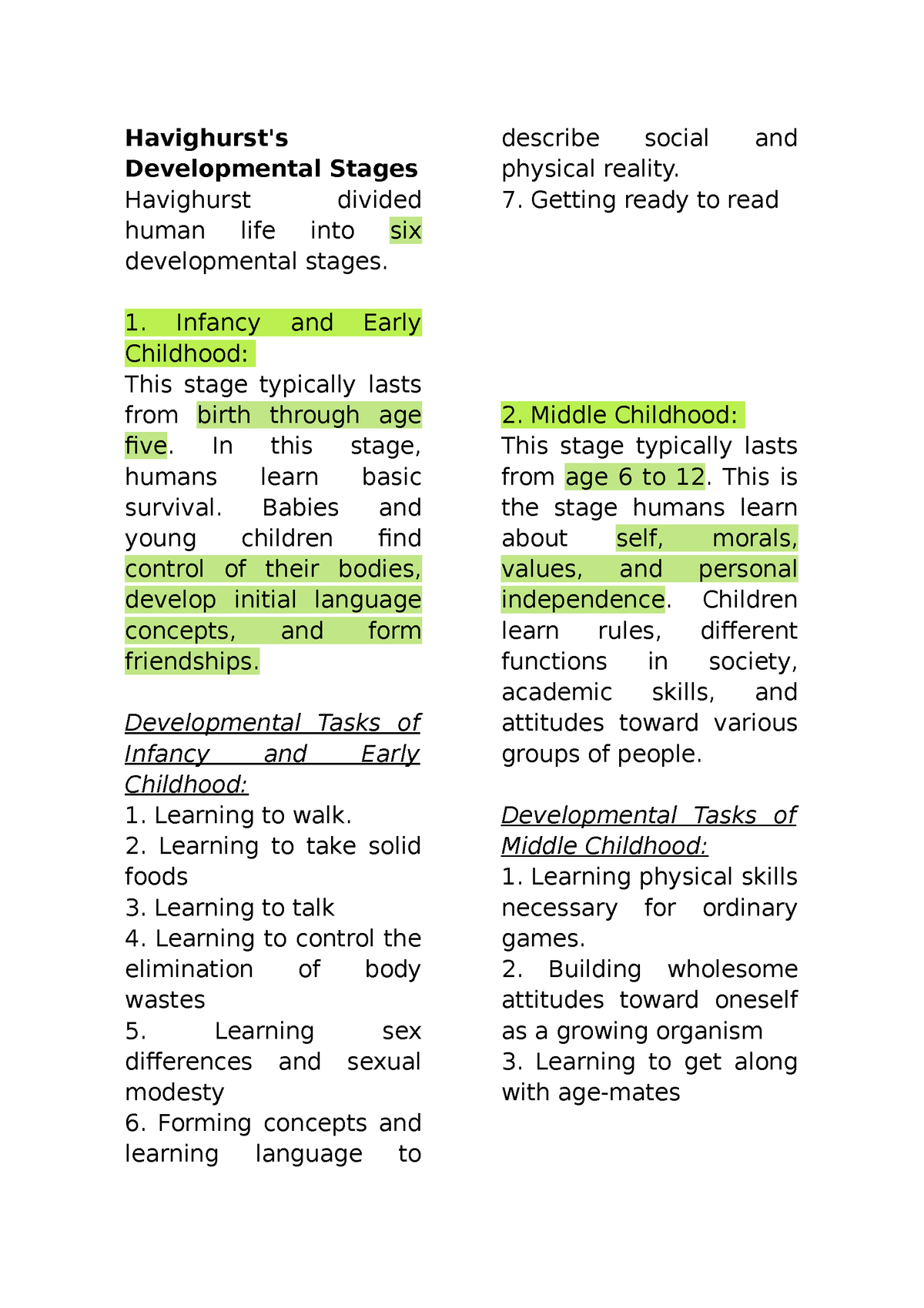 Havighurst's Developmental Stages - Havighurst's Developmental Stages ...