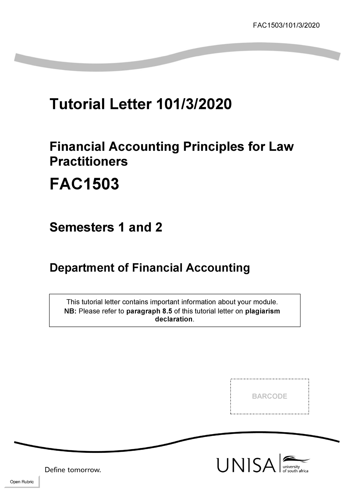 101 2020 3 B - Tut - FAC1503/101/3/ Tutorial Letter 101/3/ Financial ...