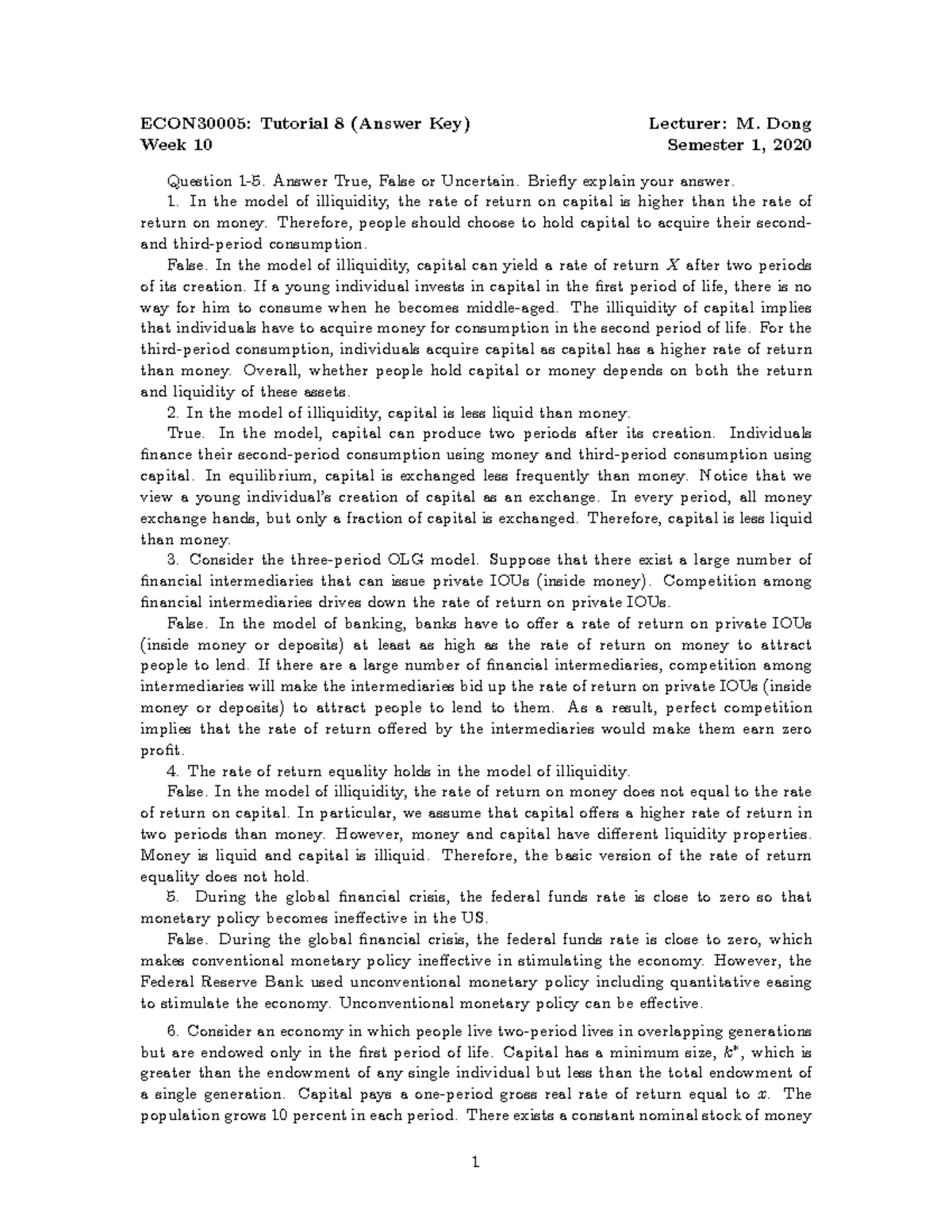 Tutorial 8 Answer - ECON30005: Tutorial 8 (Answer Key) Lecturer: M ...
