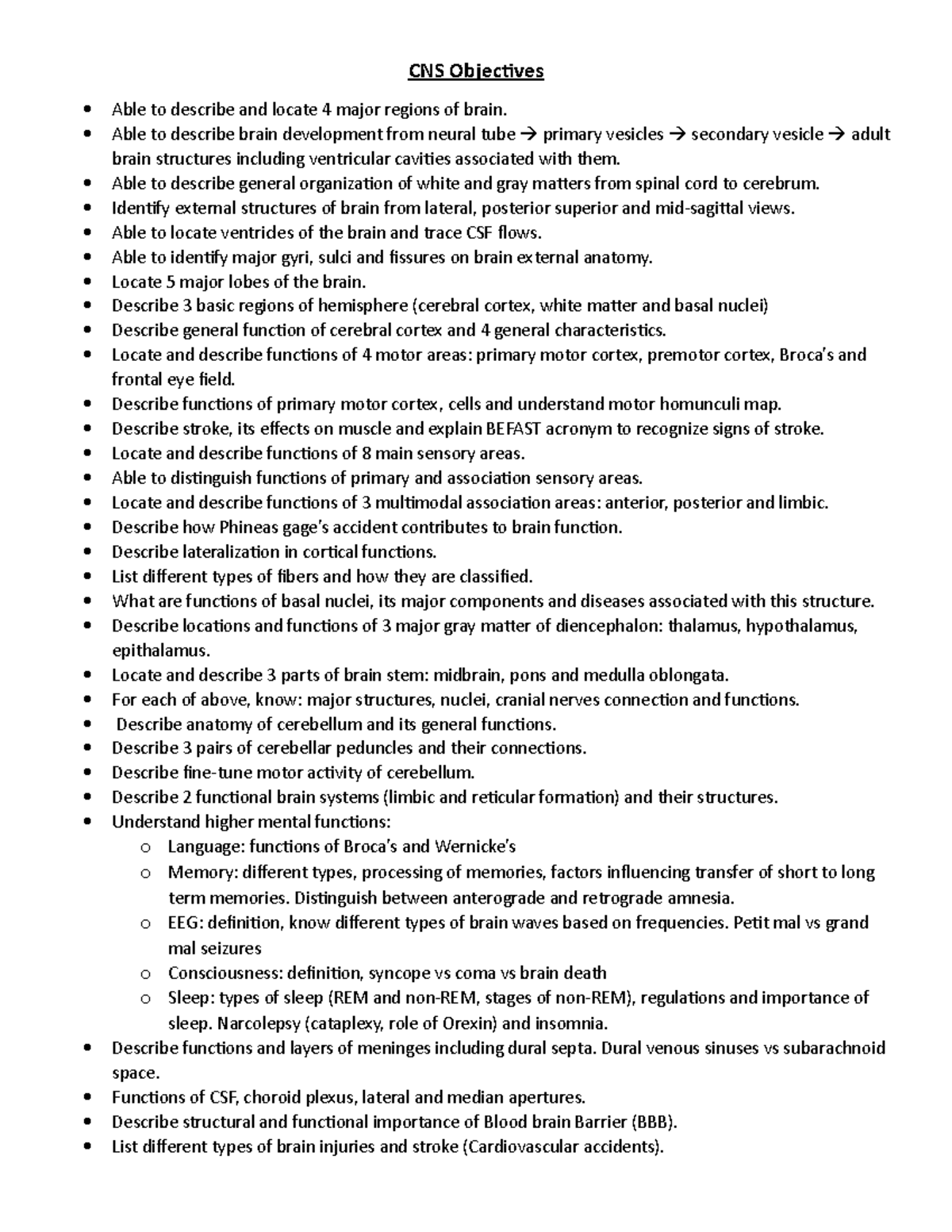 Chapter 12 Objectives (CNS) - CNS Objectives Able to describe and ...