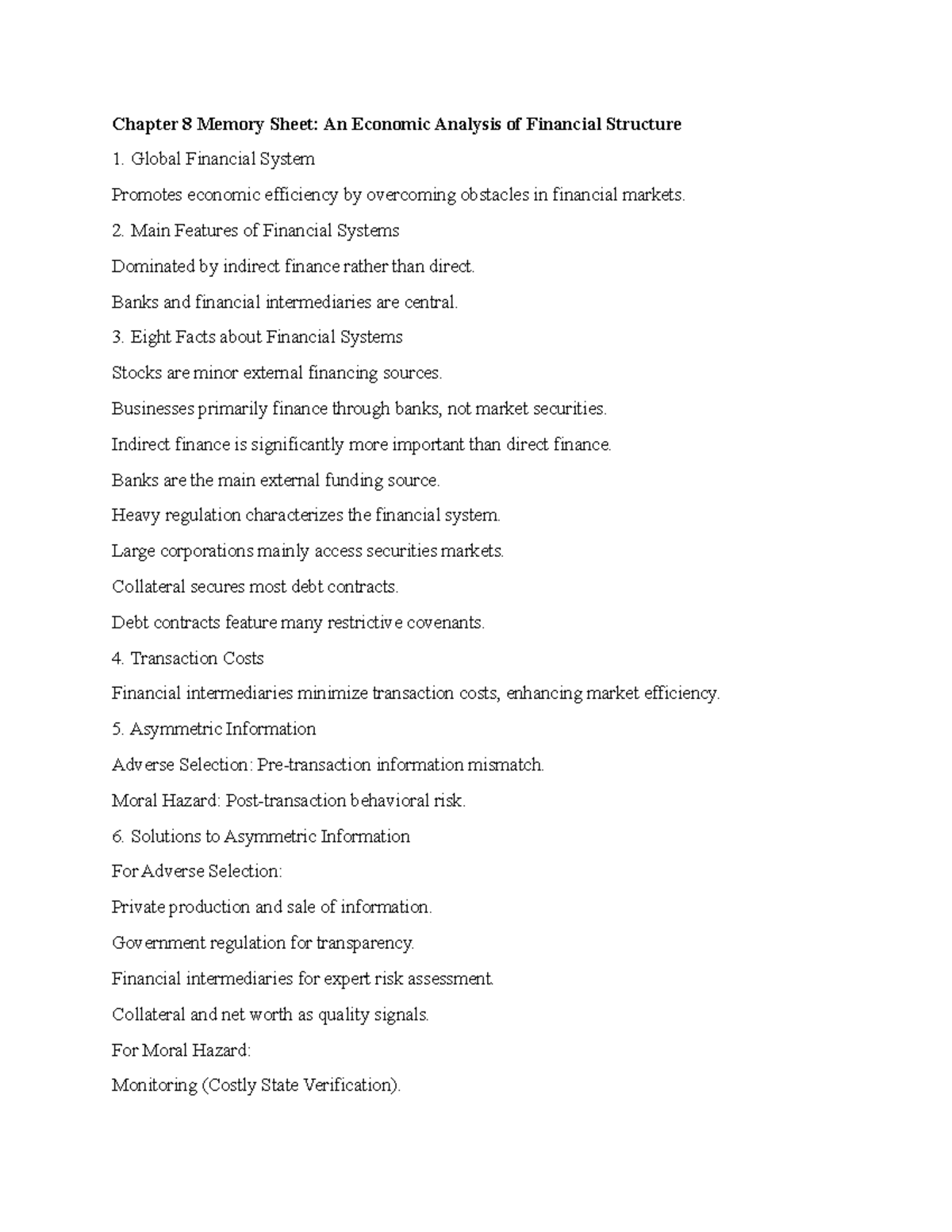 Chapter 8 qs and summary - Chapter 8 Memory Sheet: An Economic Analysis ...