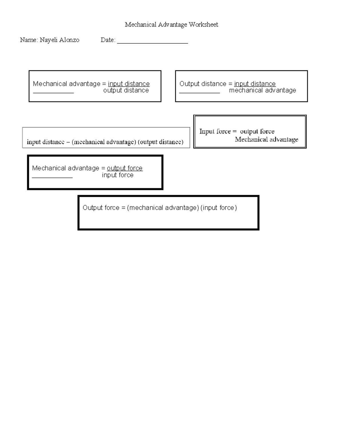Copy of Mechanical Advantage Practice Mechanical Advantage Worksheet