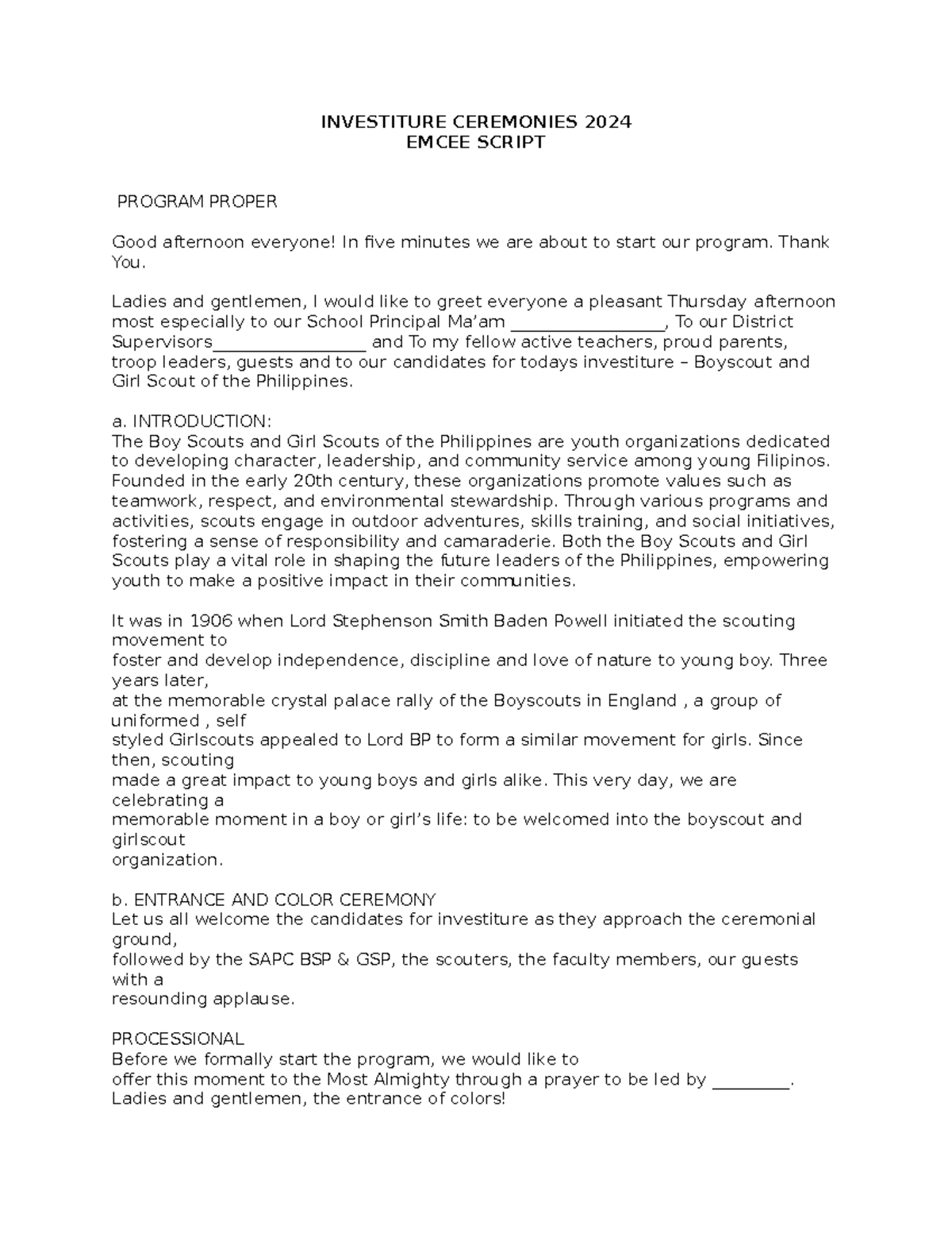 Investiture Ceremonies script - INVESTITURE CEREMONIES 2024 EMCEE ...