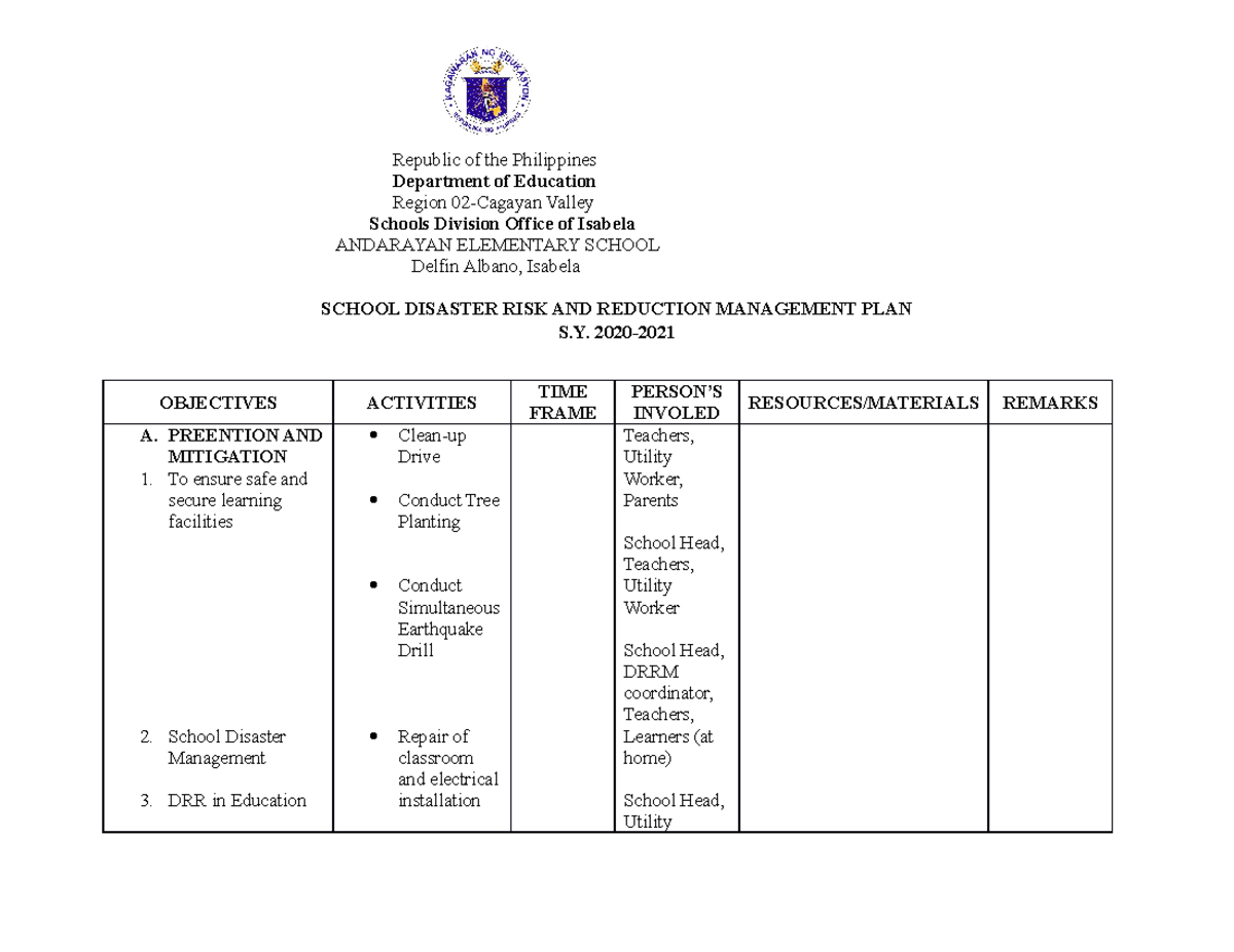 School Disaster RISK AND Reduction Management PLAN - Department of ...