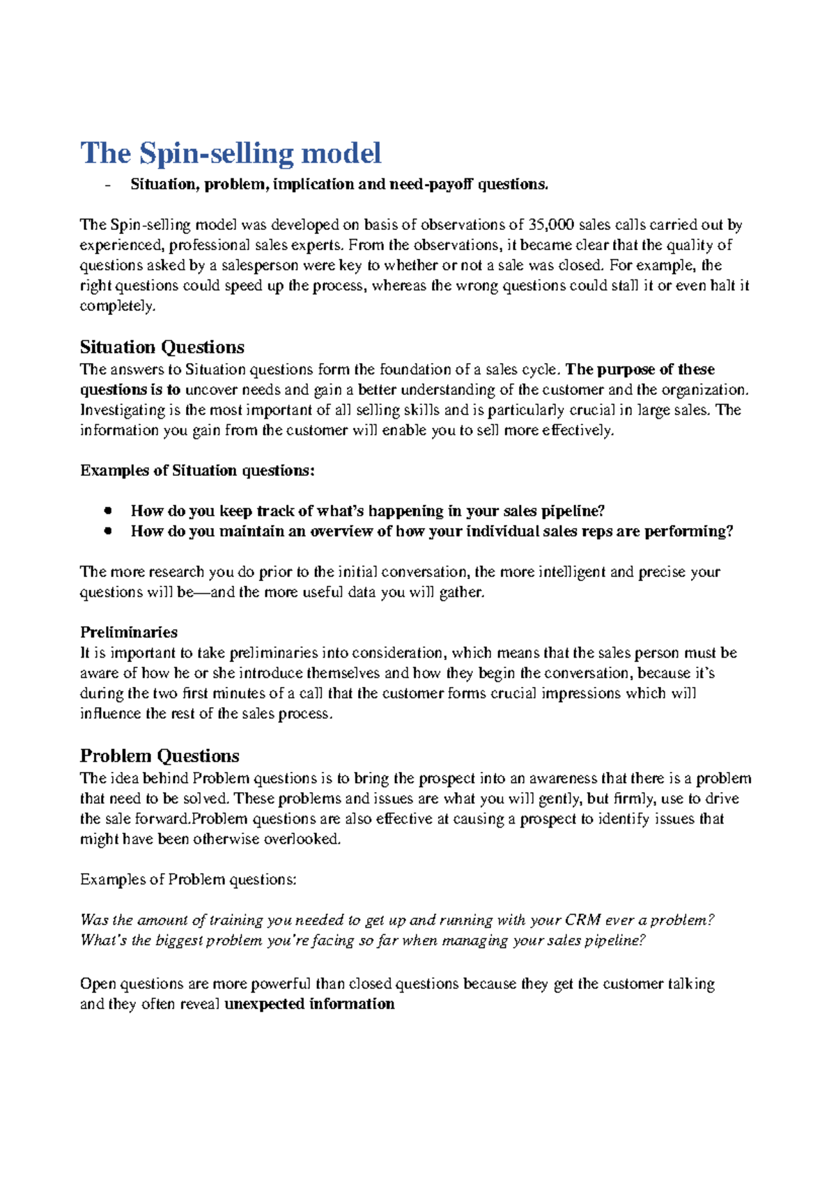 SPINselling notes The Spinselling model Situation, problem