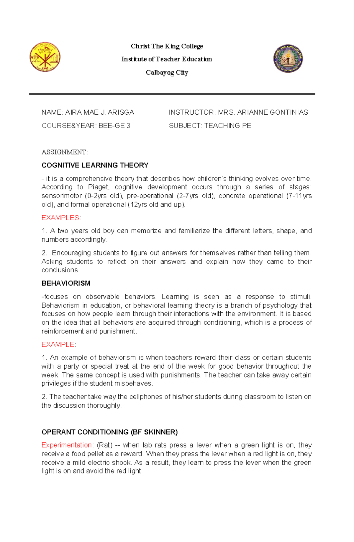 PE Assignment Learning Theories - Christ The King College Institute of ...